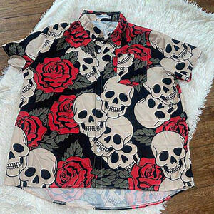 Miss Look Ladies Shirt Top‎ Skeletons & Roses button down size XL